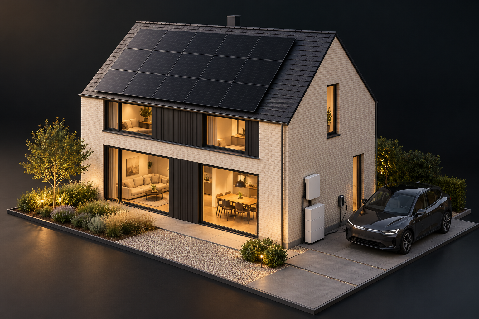 Architecturale visualisatie van een woning met zonnepanelen, thuisbatterij en elektrische auto