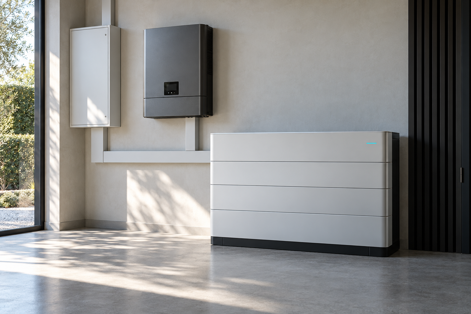 Technische visualisatie van een gesloten omvormer en modulair batterijsysteem in een lichte technische ruimte